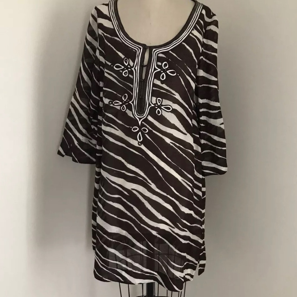 Kate Spade Animal Print Dress Tunic Brown Cream 3/4 Sleeve Silk Linen XL